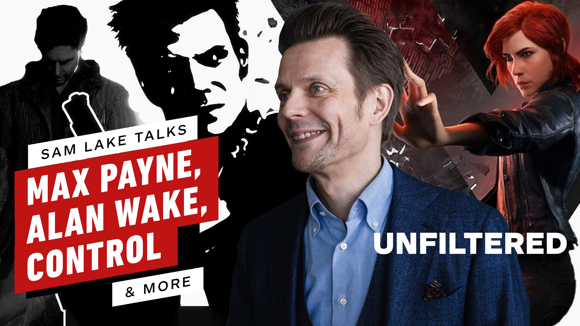 Photo of Sam Lake in front of characters he helped create in his career. In behind him are Max Payne, Alan Wake and Jessie Faden from Control. Text reads "Sam Lake Talks, Max Payne, Alan Wake, Control. Unfiltered"