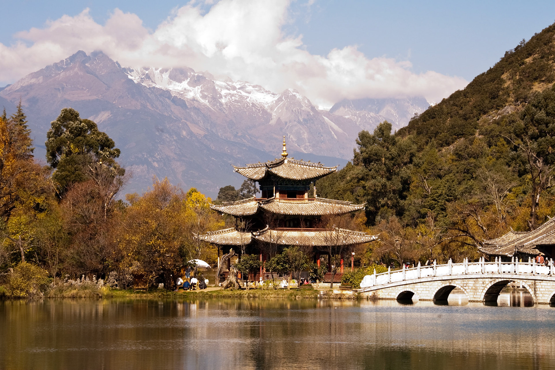 clouds gathering pagoda and bridge