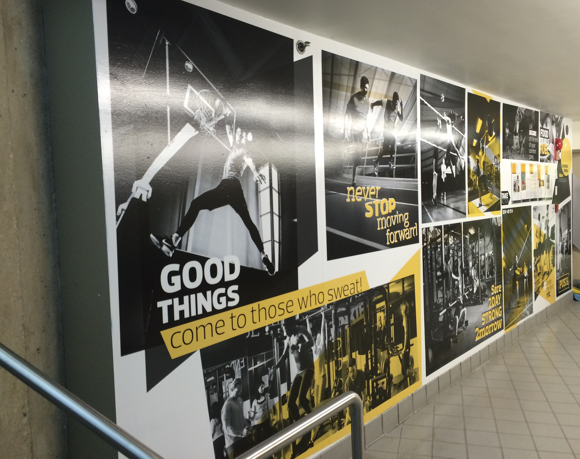 Graphics created for the entrance to the Fitness Centre at Repsol Centre. The graphics help define the space and create definition between the different work-out areas. Part of a facility wide re-branding effort. 2015