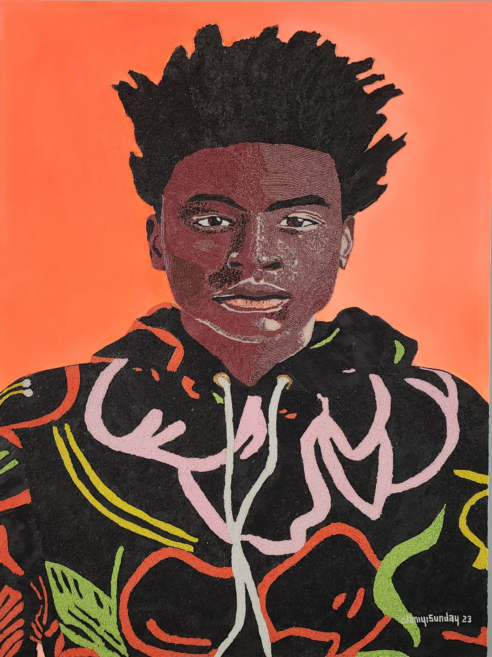 Duro Mafo (Stand Strong Don't be intimidated )2023  DIMENSIONS: 48x36 (inches)  MEDIUM: 100% Beads/Acrylic on board 