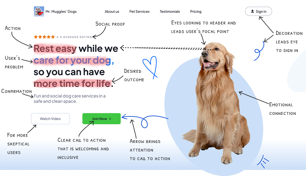 Annotated high-fidelity mockup of the redesigned pet daycare homepage hero section, with arrows pointing to the updated call-to-action button, revised headline, trust badge placement, and improved visual hierarchy.