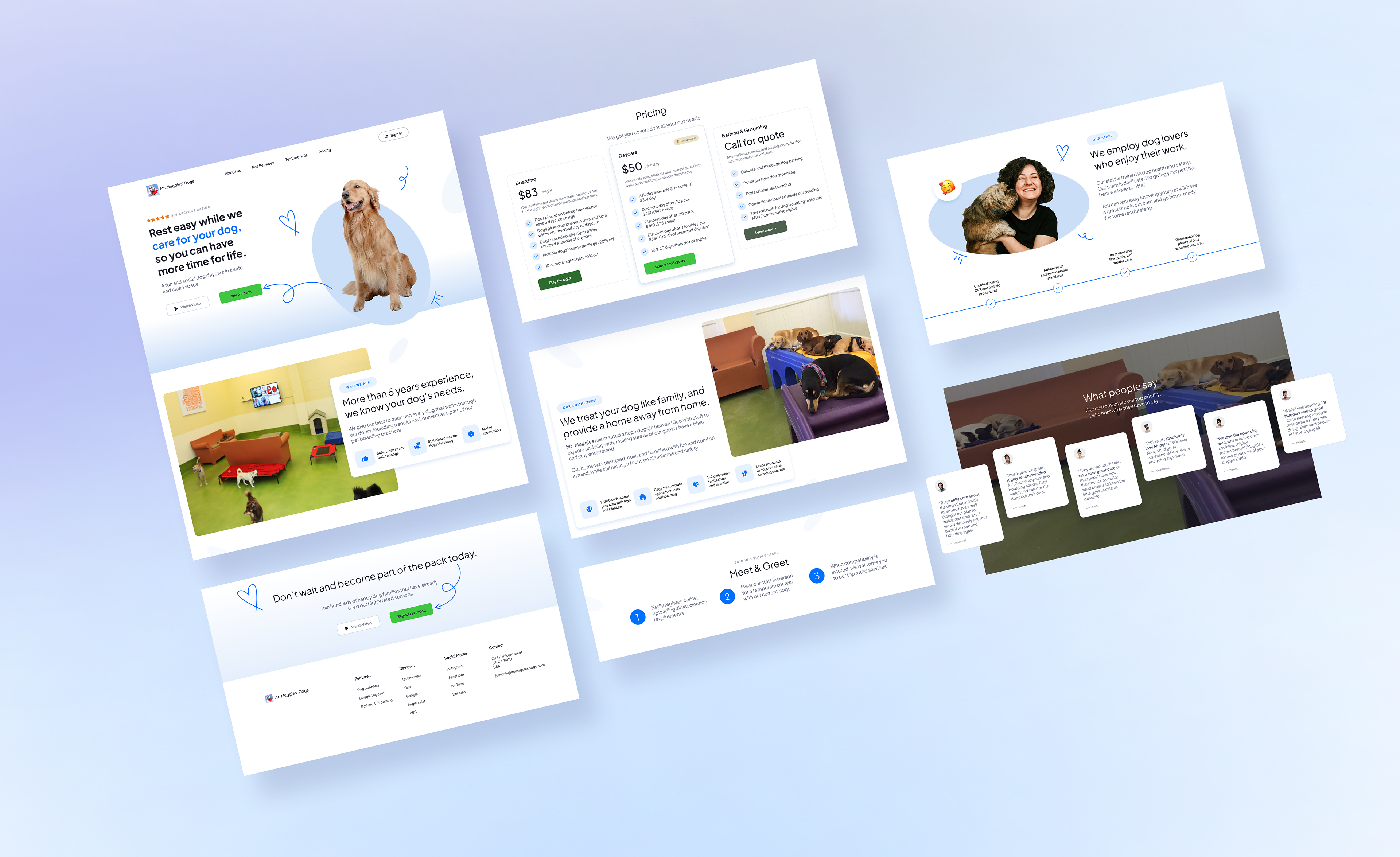 Preview of redesigned dog services website homepage showing multiple sections including a hero banner with a dog image and call-to-action, services and pricing cards, about section with owner photo, customer testimonials, and a contact call-to-action section, all presented in a clean desktop layout.