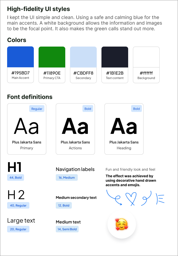 High-fidelity UI style board displaying a color palette of blue, green, light blue, dark navy, and light gray, along with typography samples using Plus Jakarta Sans in various weights and sizes, illustrating the visual system for the redesigned website.