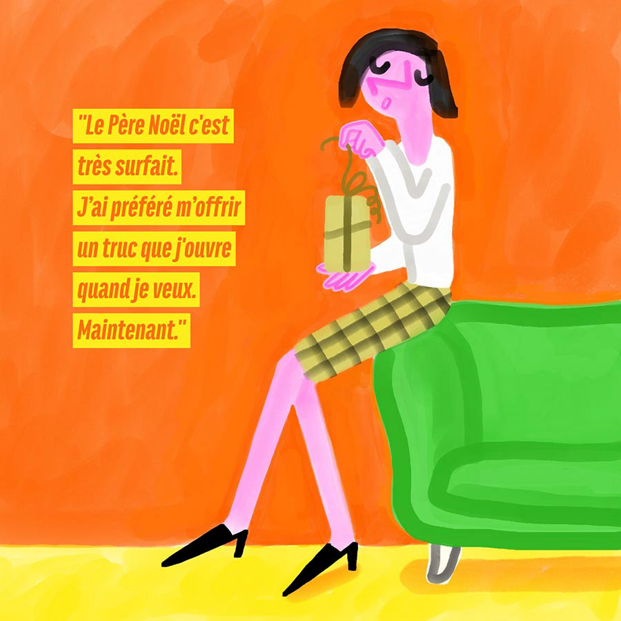 Illustration d'une femme prête à ouvrir son cadeau