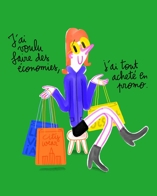 Dessin femme ayant fait des courses