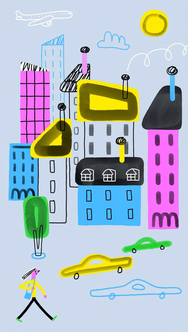 Dessin graphique d'une ville avec ses immeubles et ses voitures.