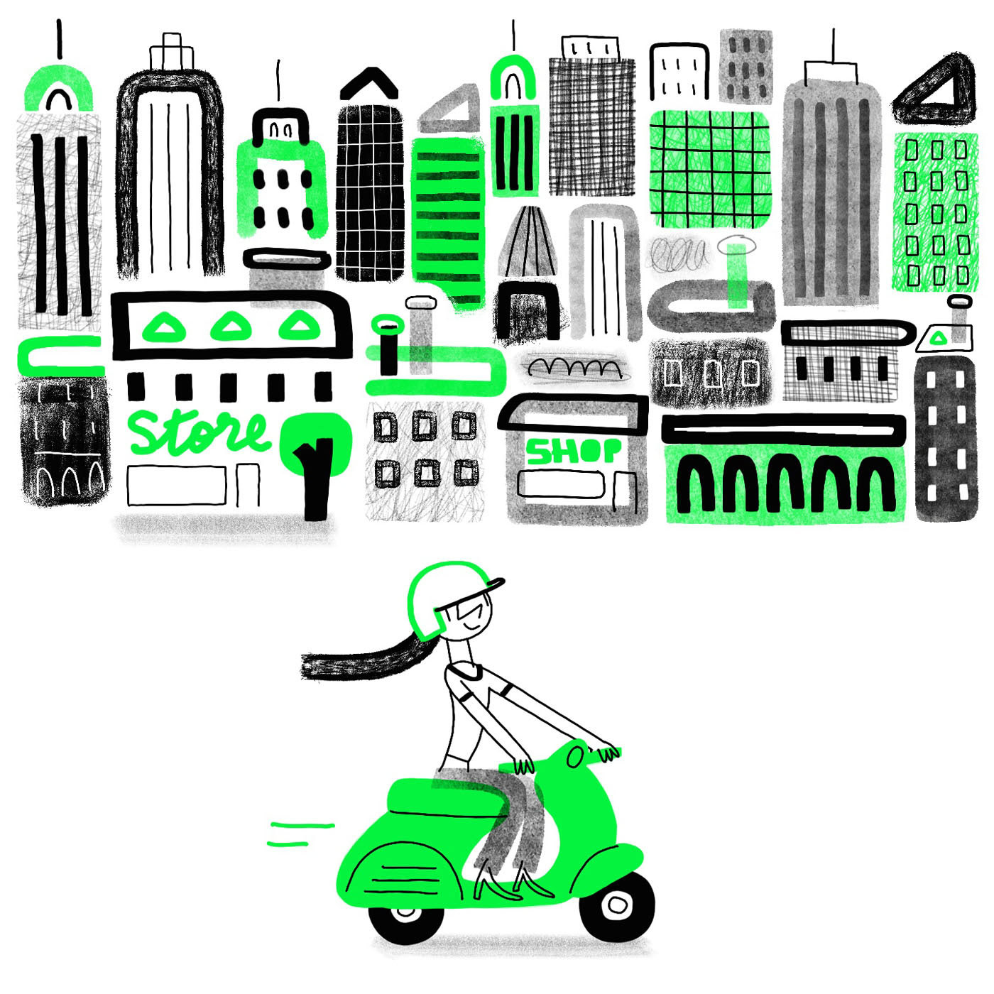 Illustration scooter en ville