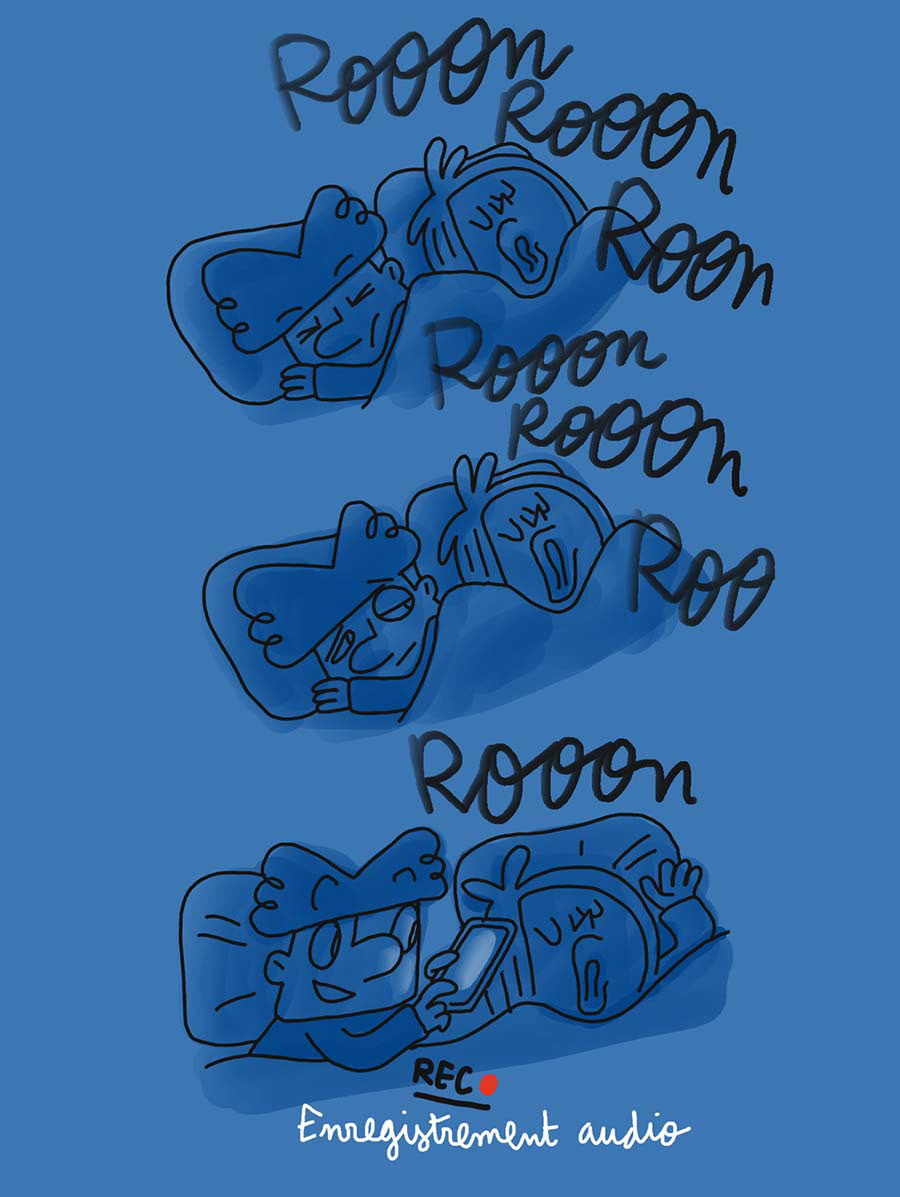 BD humoristique d'un couple au lit et les problèmes de ronflements.