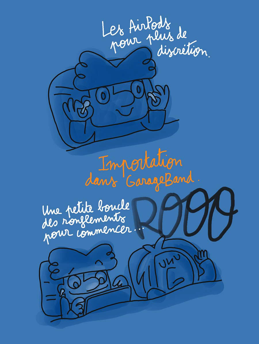 BD qui montre un homme composer de la musique avec les ronflements de sa compagne.