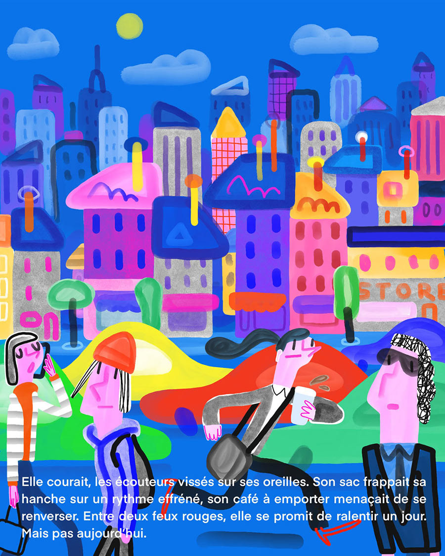 Illustration en couleur de personnages qui s'activent dans la ville