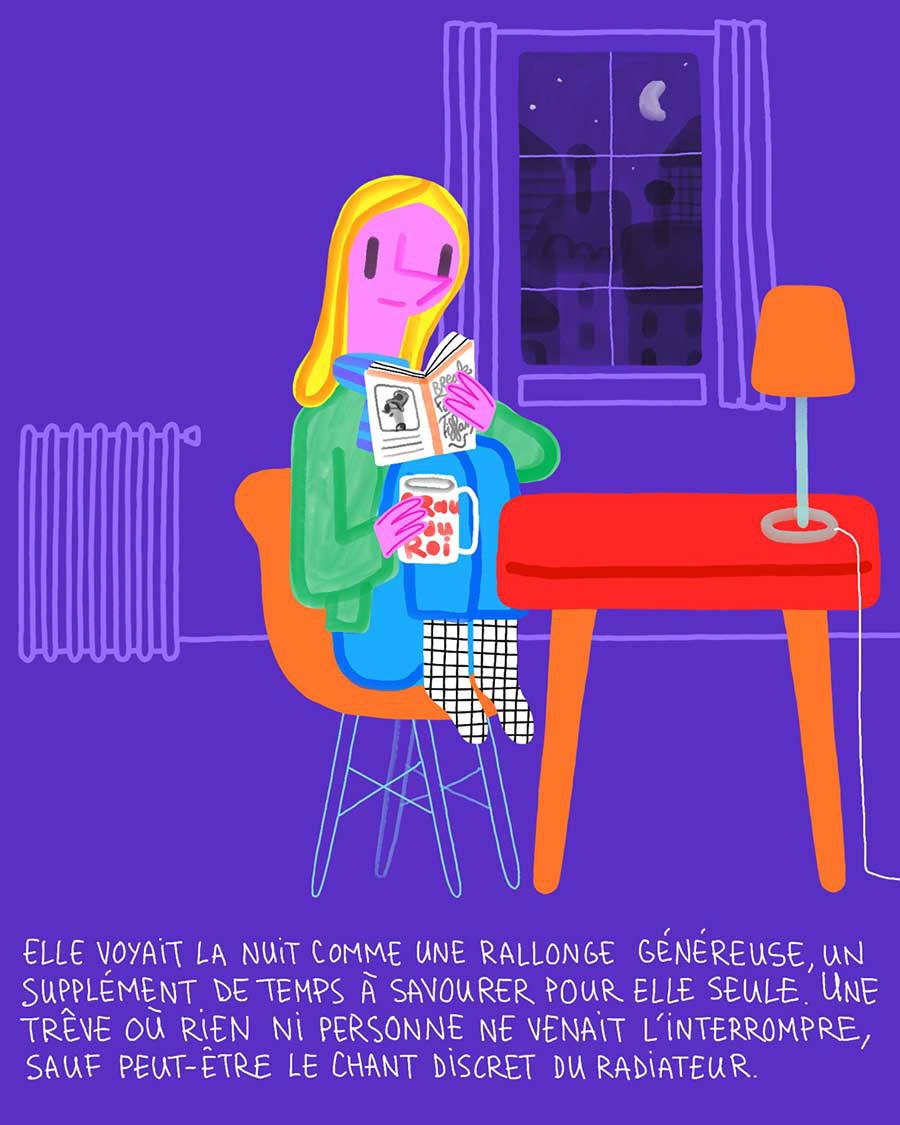 Illustration d'une femme lisant un livre durant la nuit.