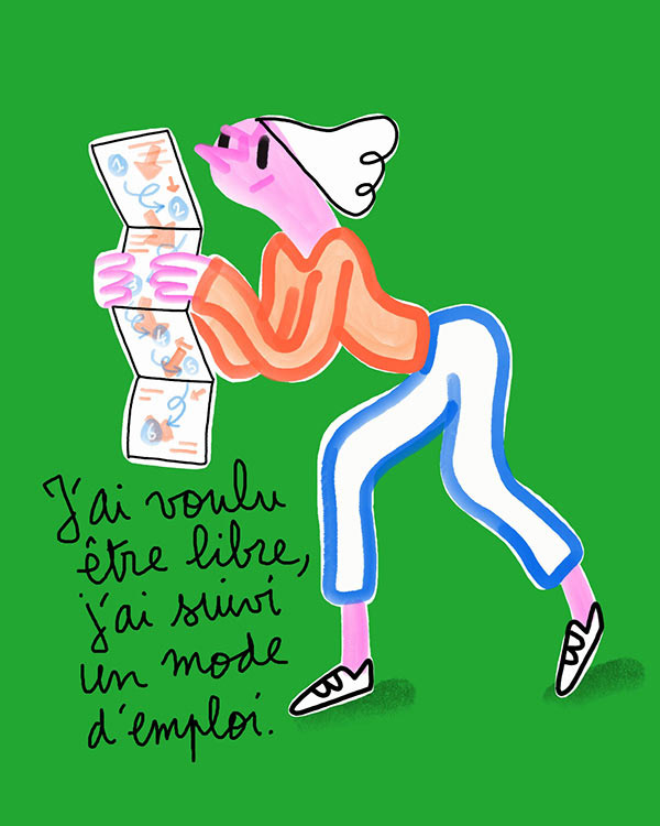Dessin femme qui regarde un mode d'emploi.
