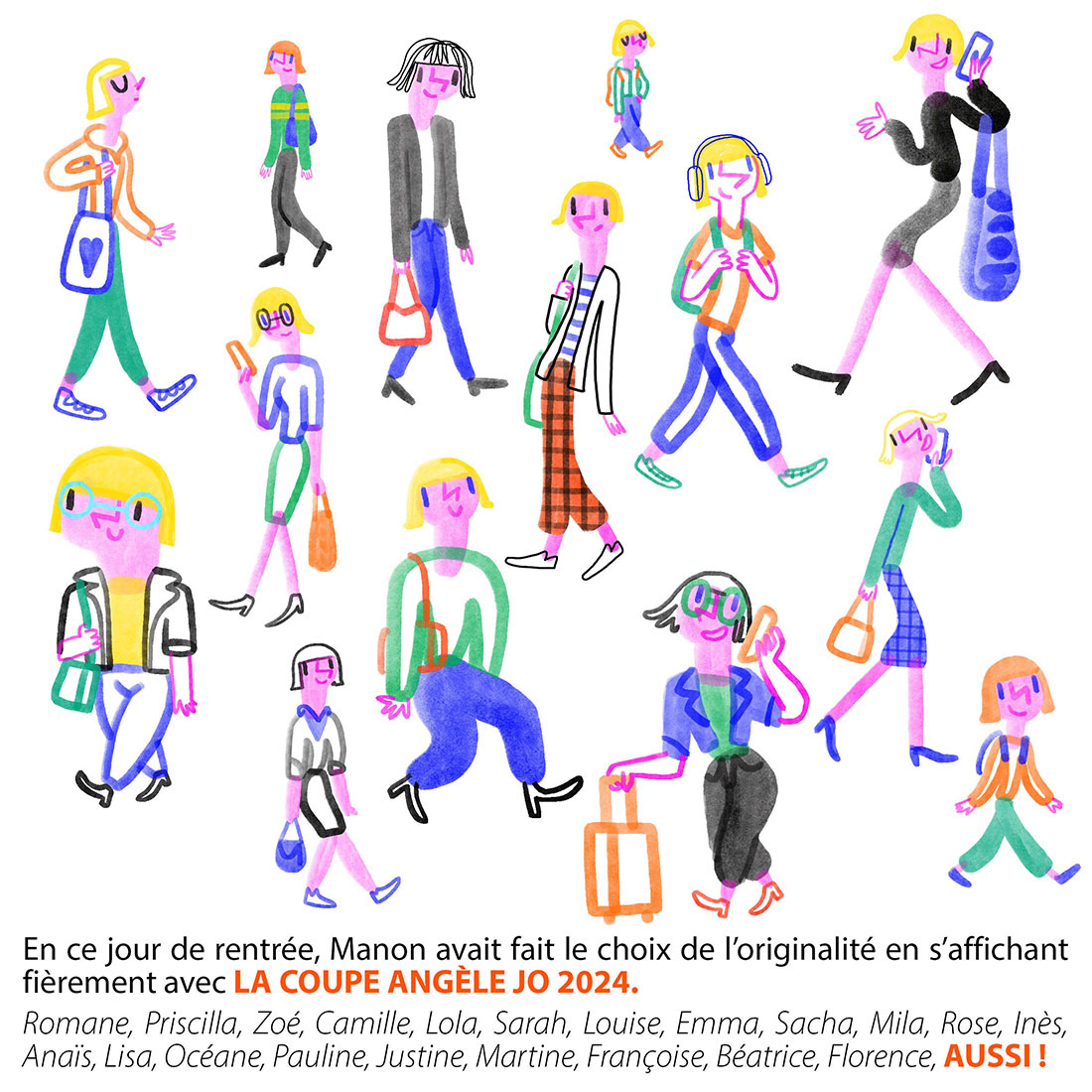 Illustration femmes coupe carré à la manière d'Angèle au JO 2024