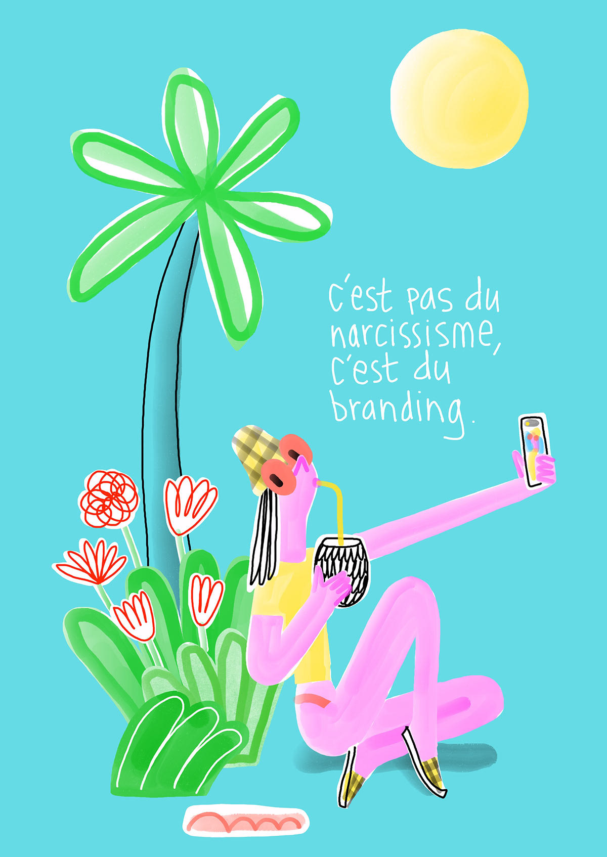 Dessin d'une femme à la plage qui fait un selfie