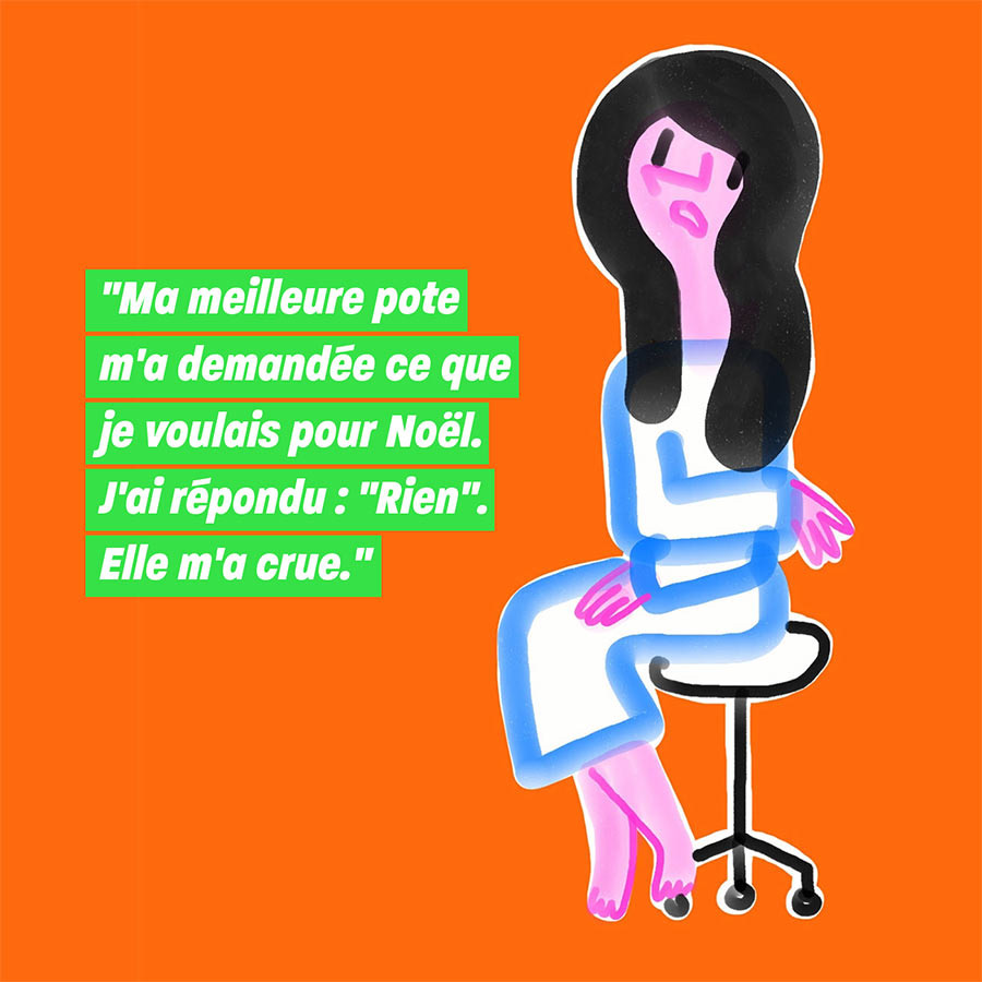 Dessin jeune femme qui évoque les cadeaux de Noël
