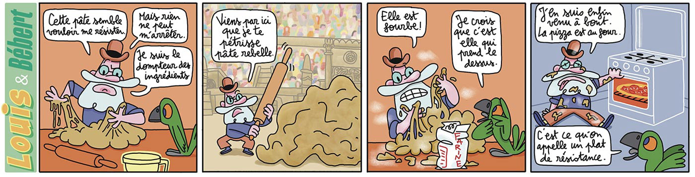 Strip BD d'une pâte à pizza qui ne se laisse pas faire.