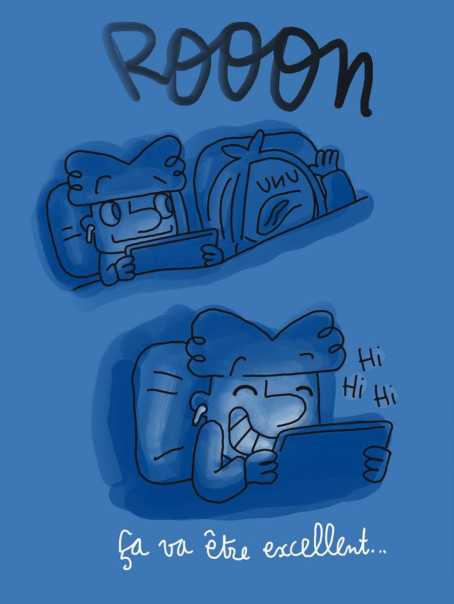 BD humoristique. Image de nuit. 2 personnages au lit.