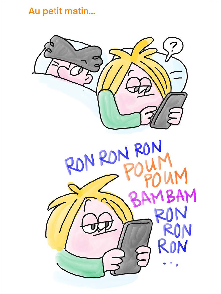 BD d'un couple le matin. La femme reçoit un message sur son téléphone.