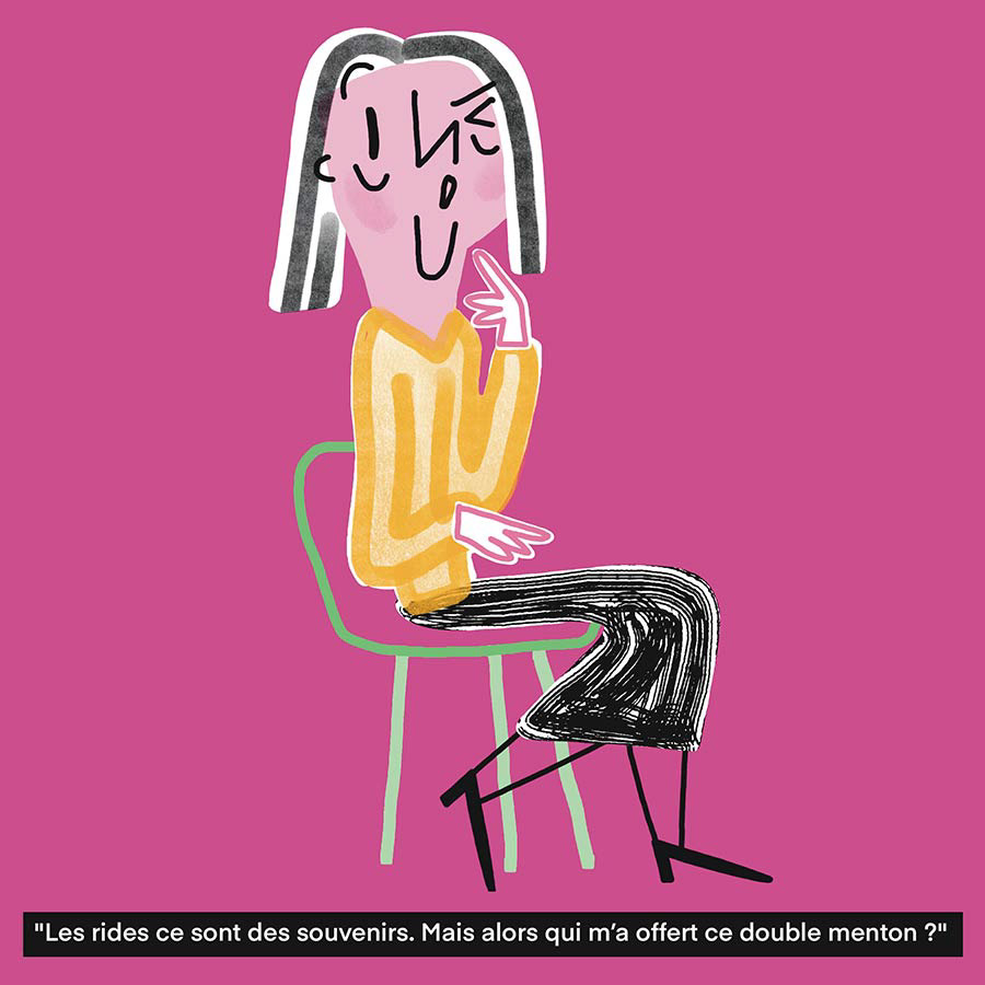 Illustration d'une dame de 60 ans qui évoque ses rides et son double menton