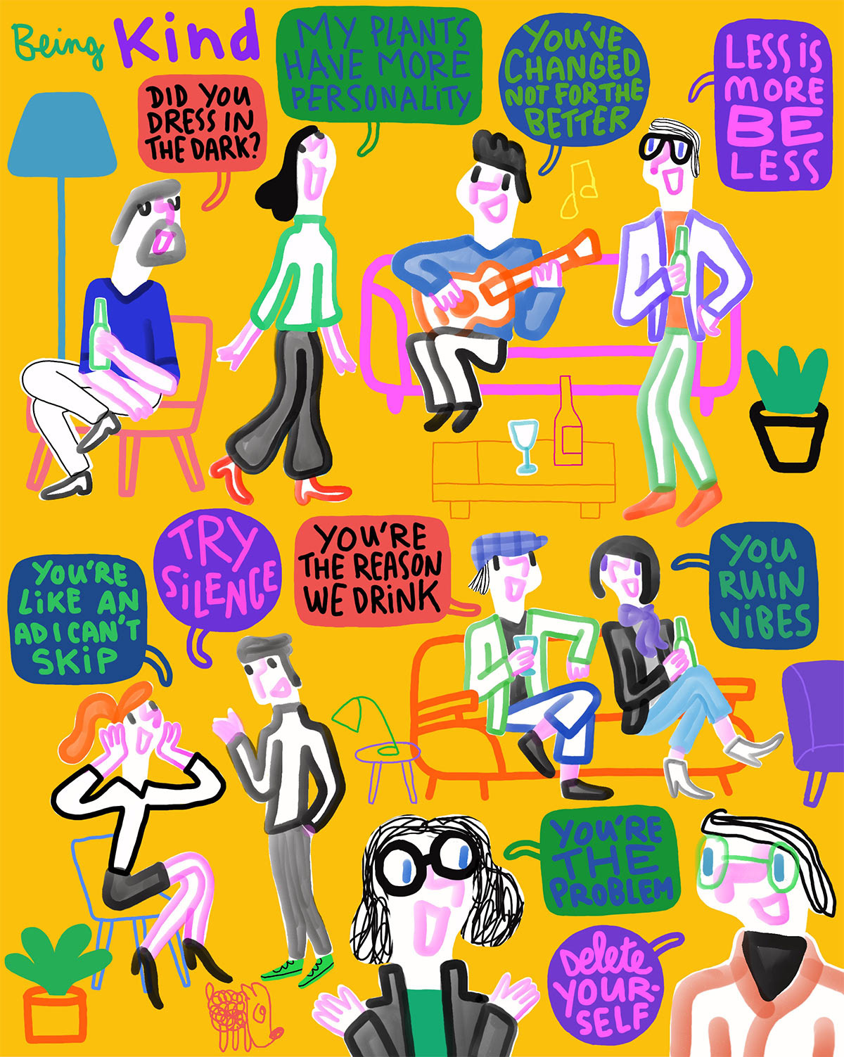 Illustration d'amis qui entre eux se font des réflexions guère sympathique 