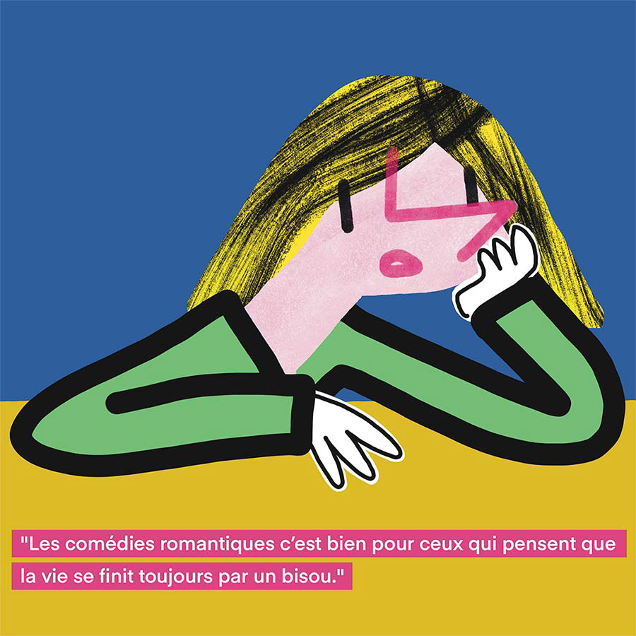 illustration d'une fille désabusée qui évoque les comédies romantiques.
