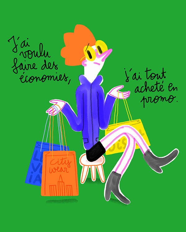 Dessin femme ayant fait les soldes.