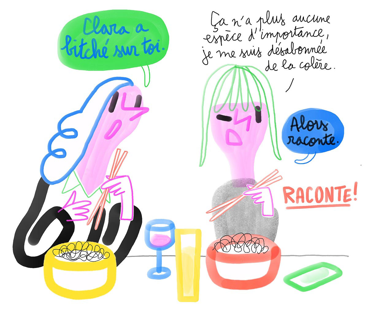 Illustration de deux copines qui discutent ensemble.
