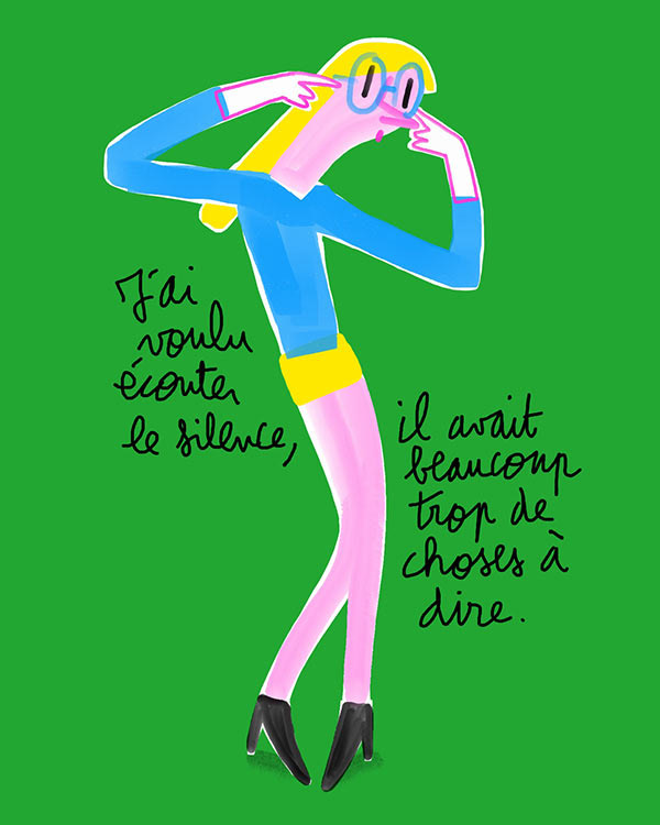 Dessin femme blonde se bouchant les oreilles.