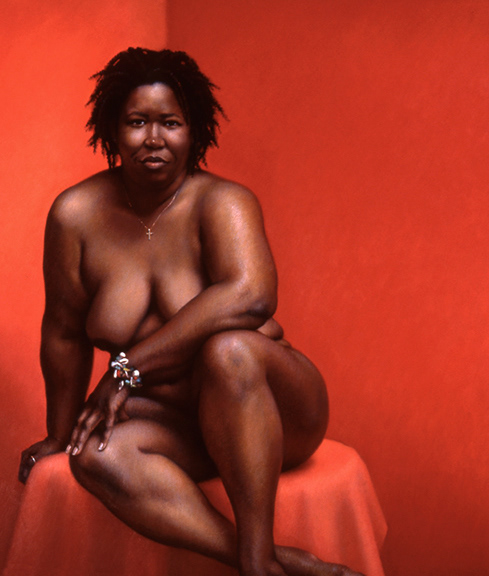 Figure with Vermilion Background, oil on linen, 46x42"