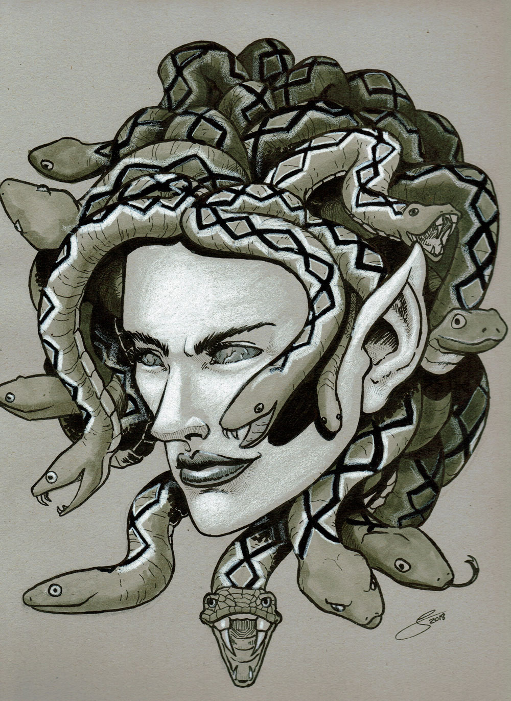 Gorgon, $100, ink, Copic and colored pencil on 9x12 toned paper