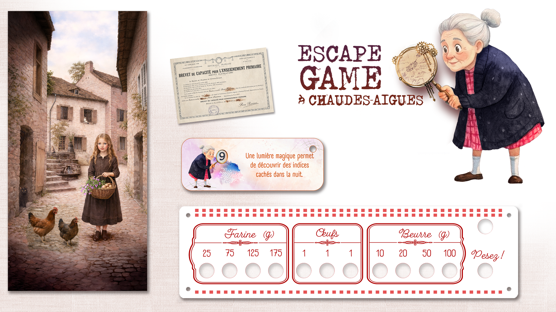 Différents éléments pour Escape Game : Poster 1m60, plaque email pour balance truquée, cartes indices, etc —Les amis de la Coccinelle, 2026.
