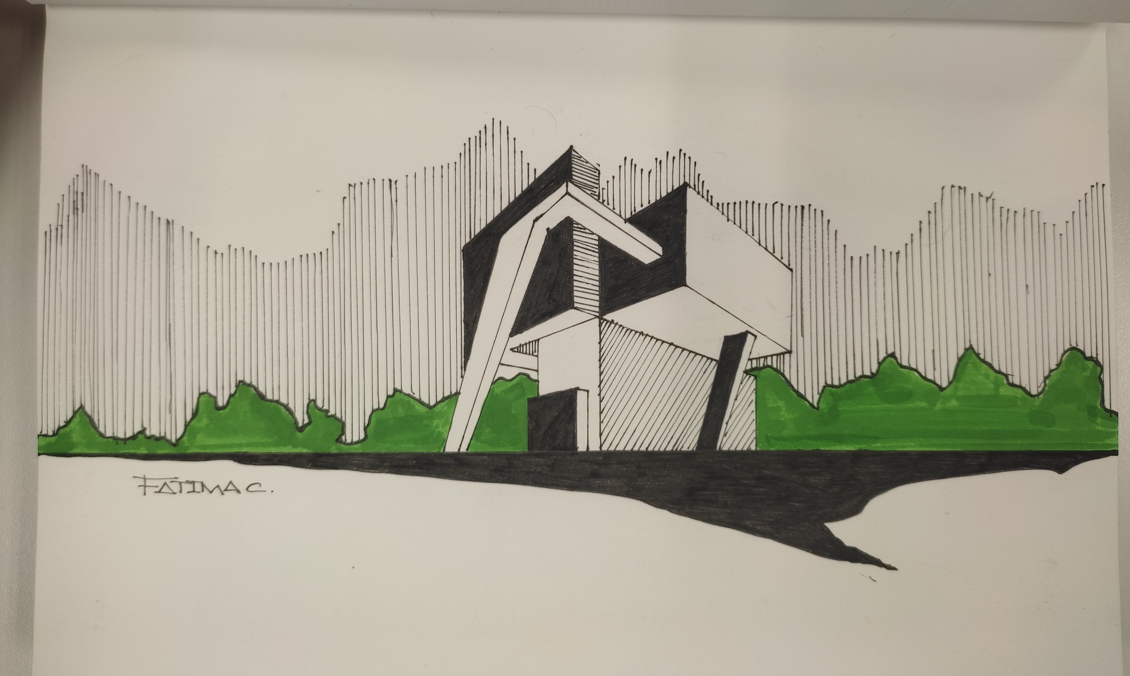 Diseño arquitectónico a través de figuras geométricas (Verde). Técnica en estilógrafo.