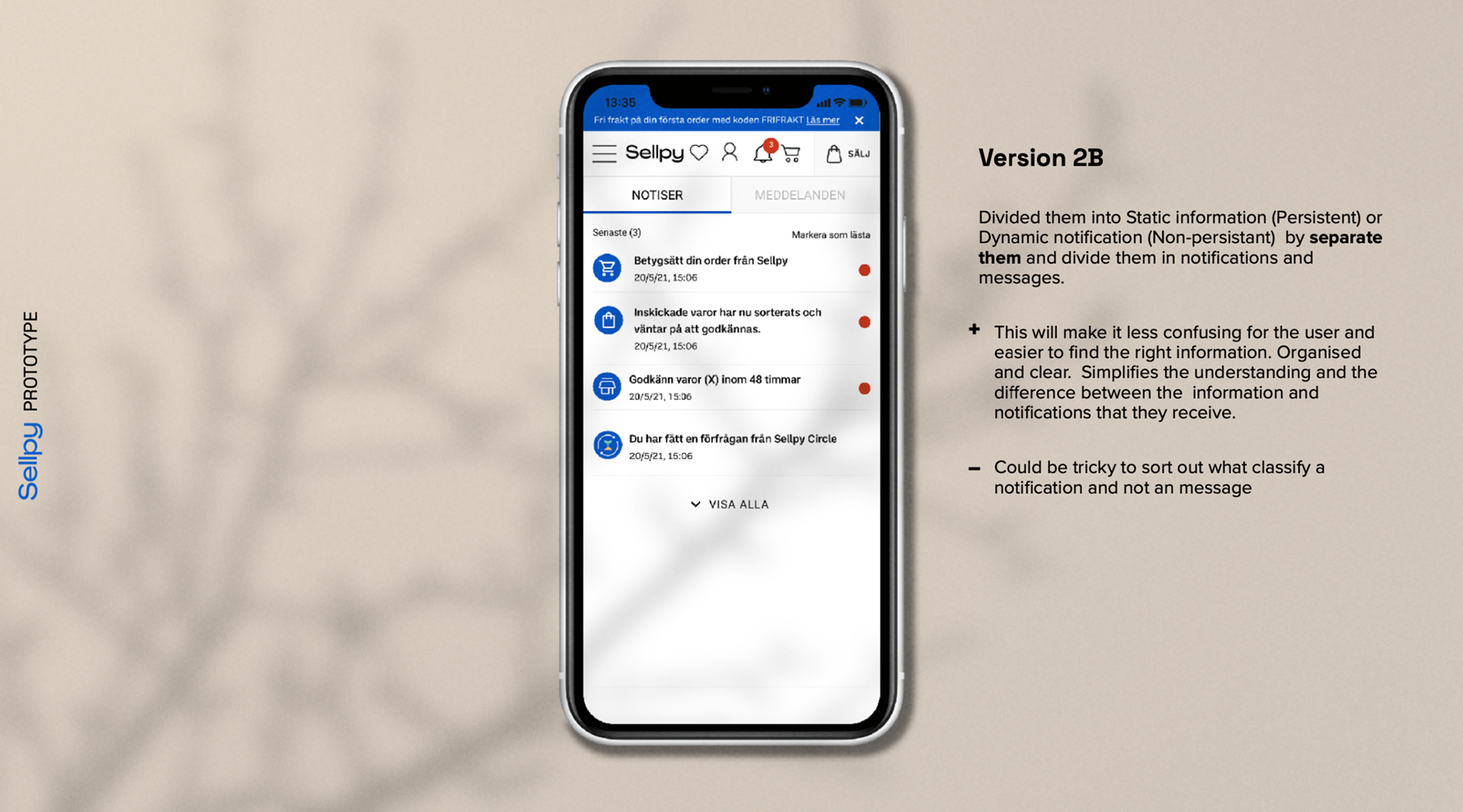 Prototype with separated options for messages and notifications