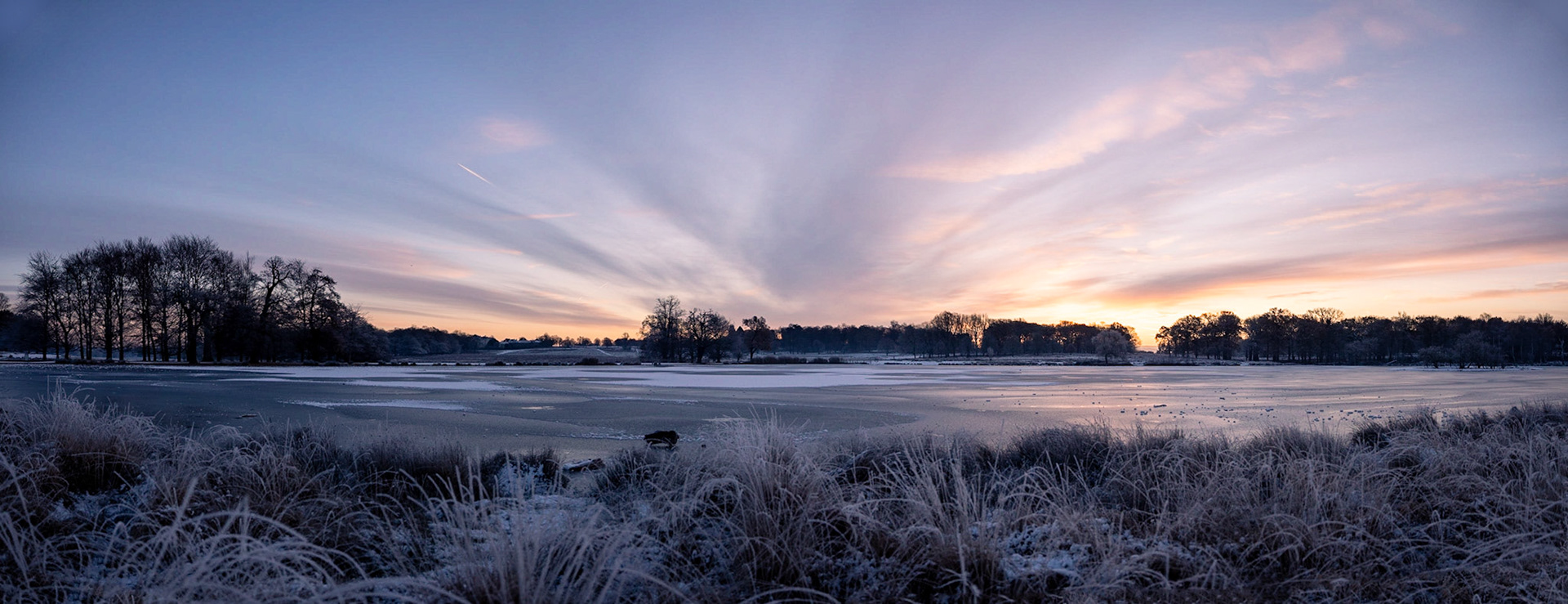 Winter Sunrise over Pen Ponds, Richmond Park. Panorama