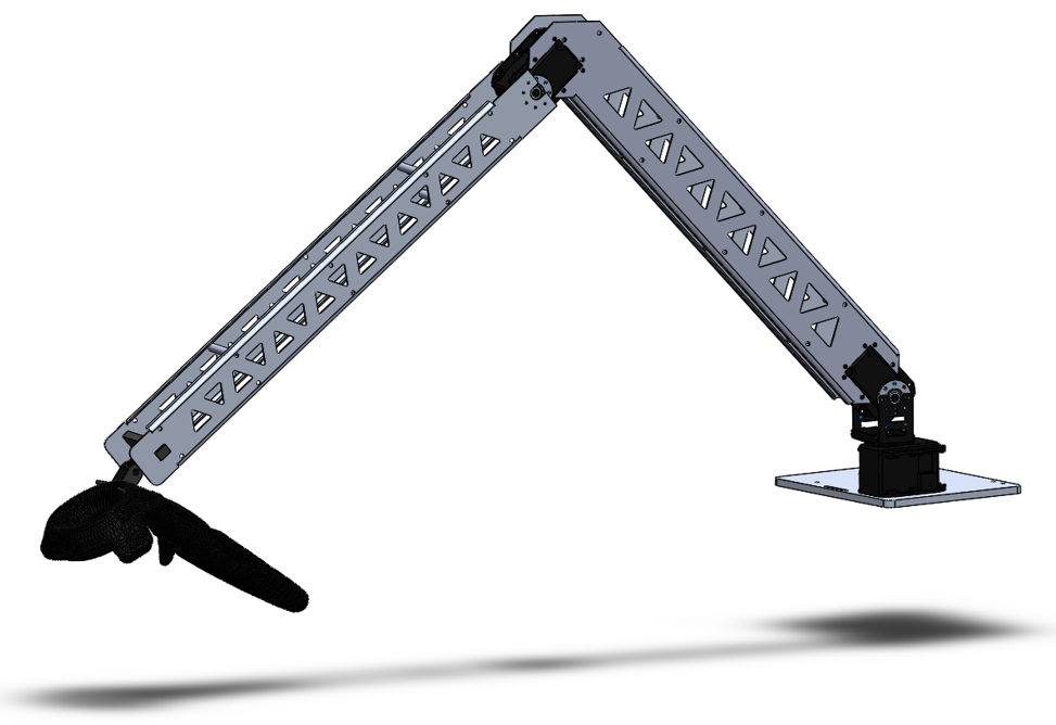 CAD of final robotic arm. This included three motors to allow full range of motion and a VR controller attached to the end effector to track motion