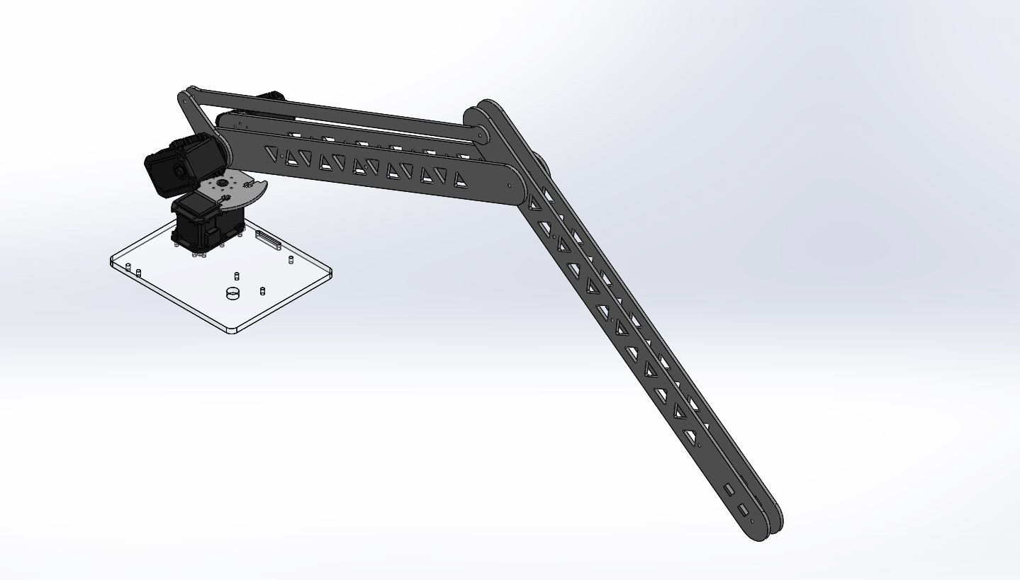 One of the prototypes, a robotic arm with all the motors mounted on the base, and a four bar linkage to control the lower arm movement. Although this makes the moving components of the arm lighter, it complicates the software side and we therefore did not pursue this design. 