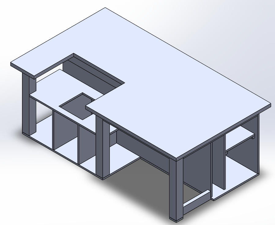 CAD of custom worktable with built-in table saw, seating, and wood storage
