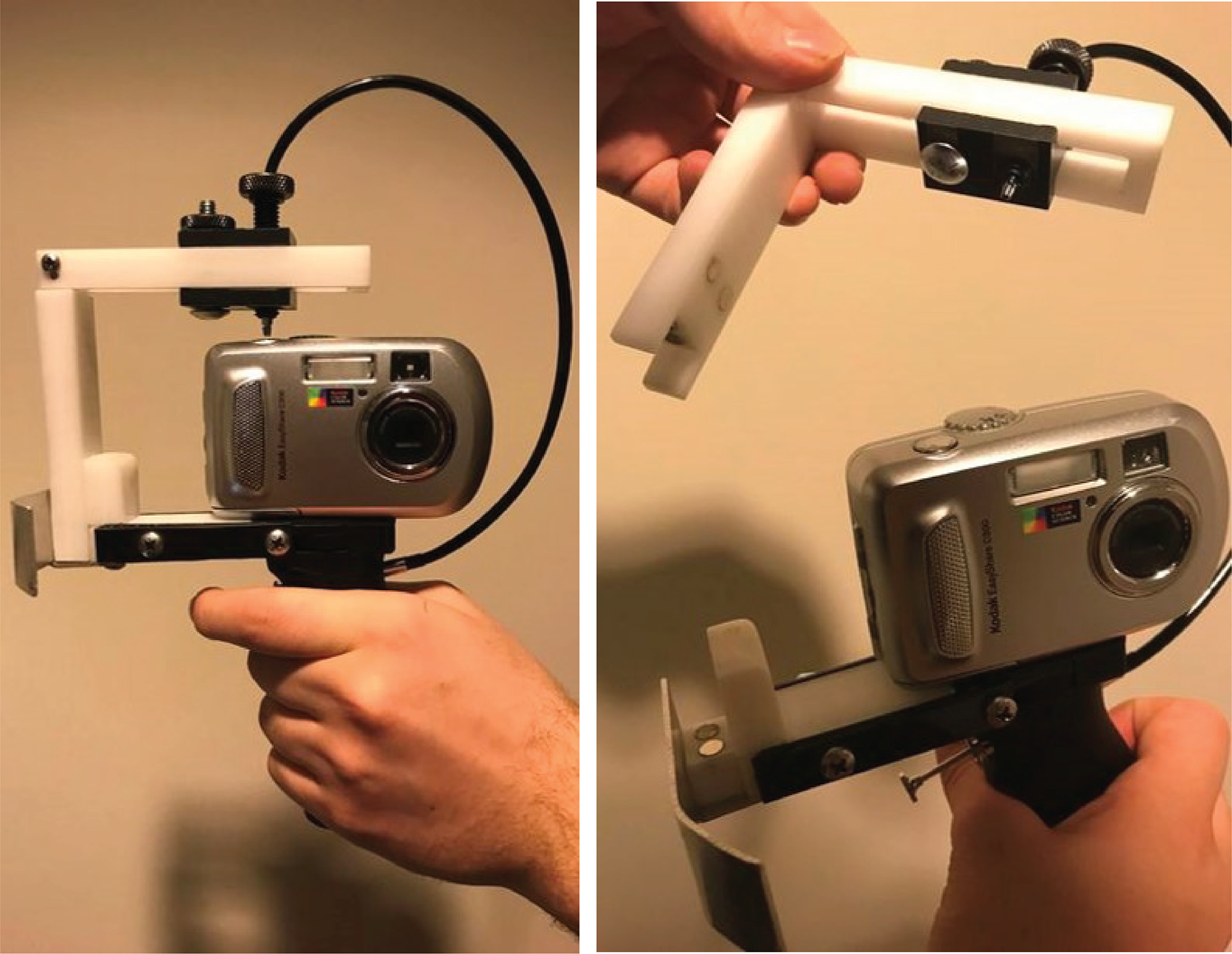 Left handed camera holder, made from two separate pieces that are attached by magnets for easy assembly