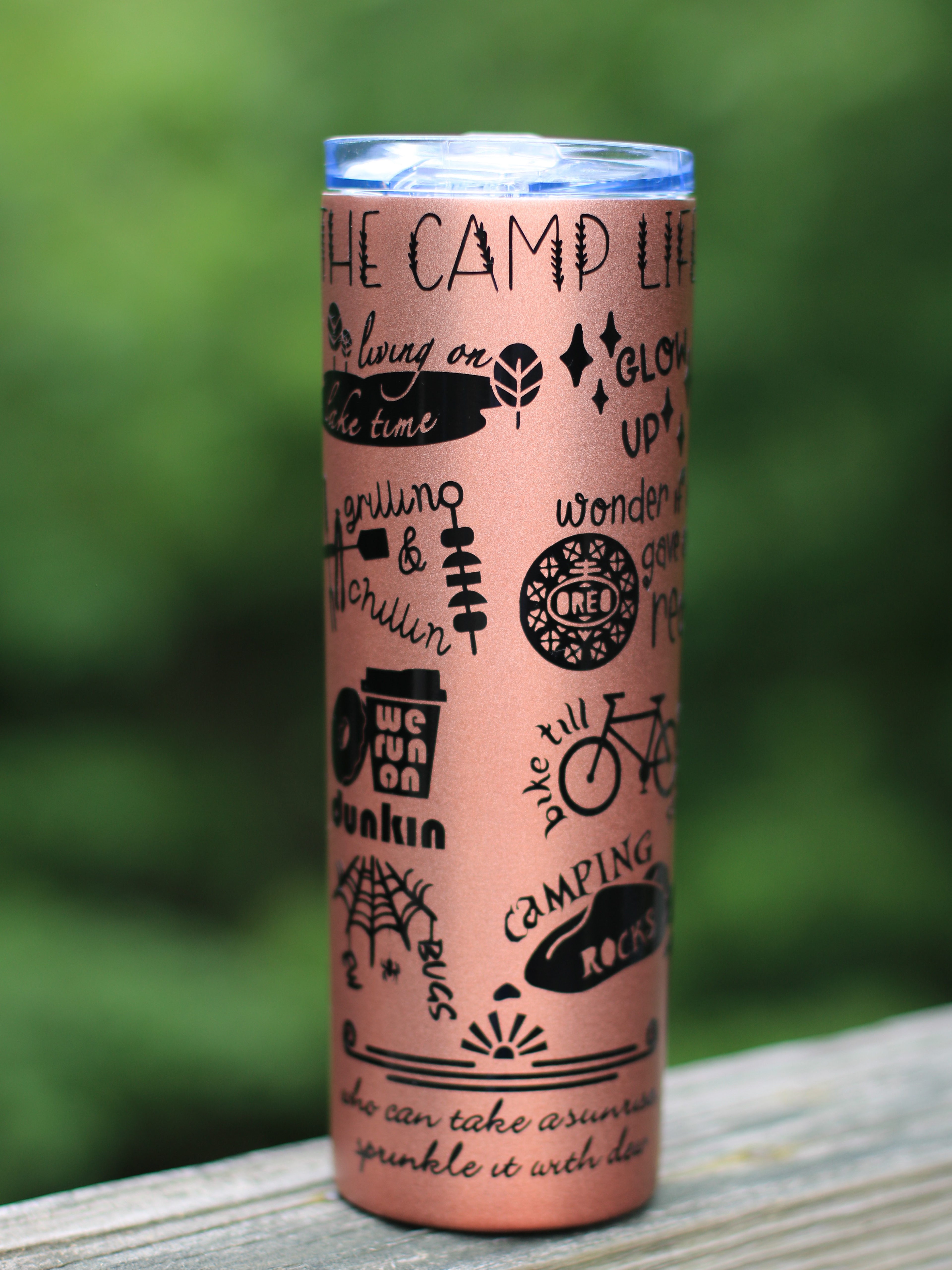 Vinyl sticker tumbler commemorating my family's annual camping tradition