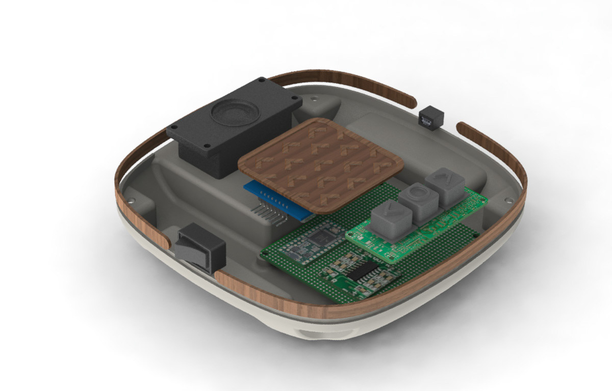 CAD of internal electronics, including microcontroller, RFID reader, speakers, and buttons