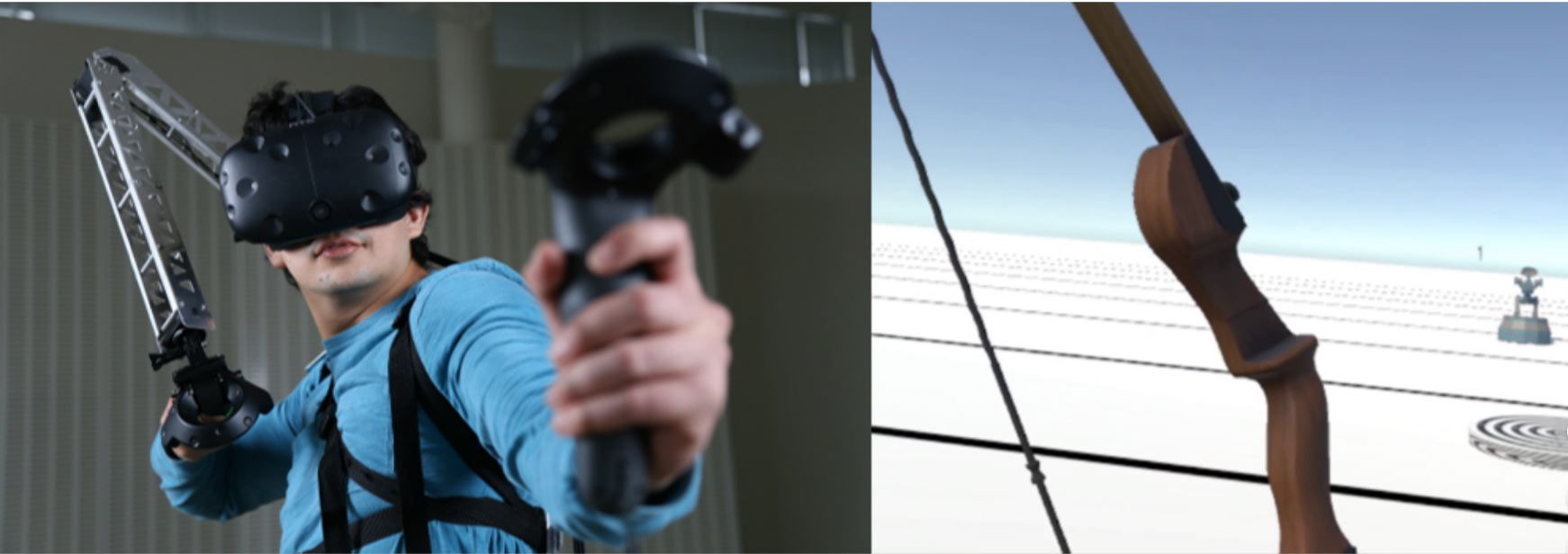 Two controllers are used to track the movements of a bow and arrow in virtual reality. 