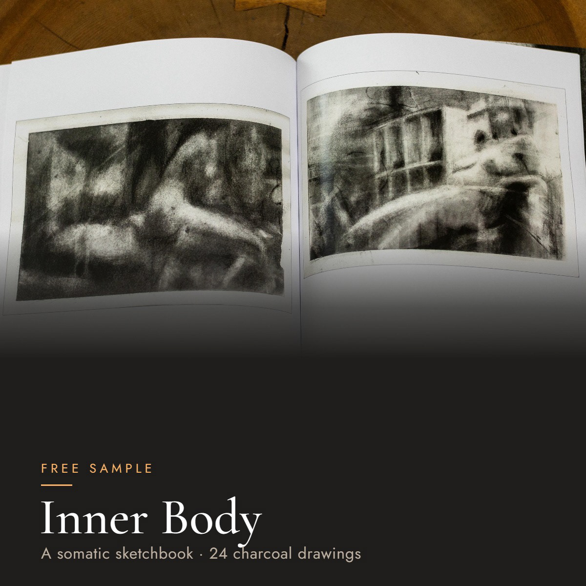 Inner Body sketchbook open at two charcoal figure drawings - free sample