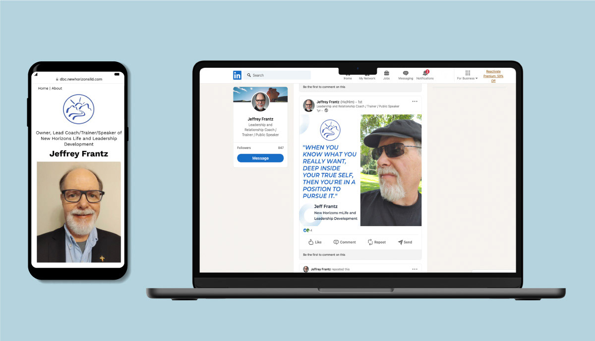 The blue logo on the NHLLD website from a mobile view and LinkedIn from a computer view.