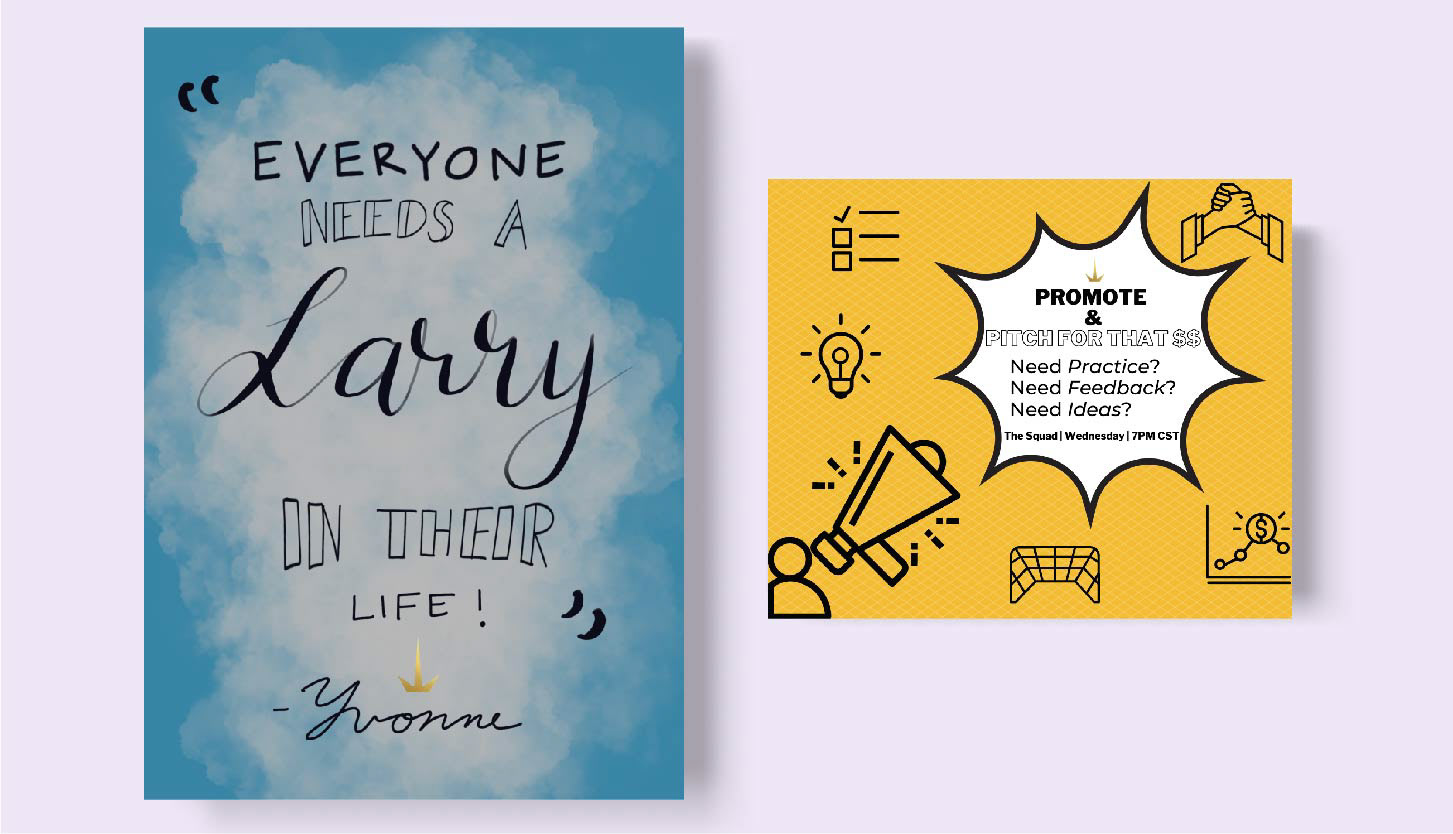 The "Everyone needs a Larry in their Life!" quote is from one of Julie Lokun's customers about the cheerful upcoming guest Zoom speaker. The "Promote & pitch" even is a Zoom event where attendees can pitch in their businesses and receive group constructive criticism.