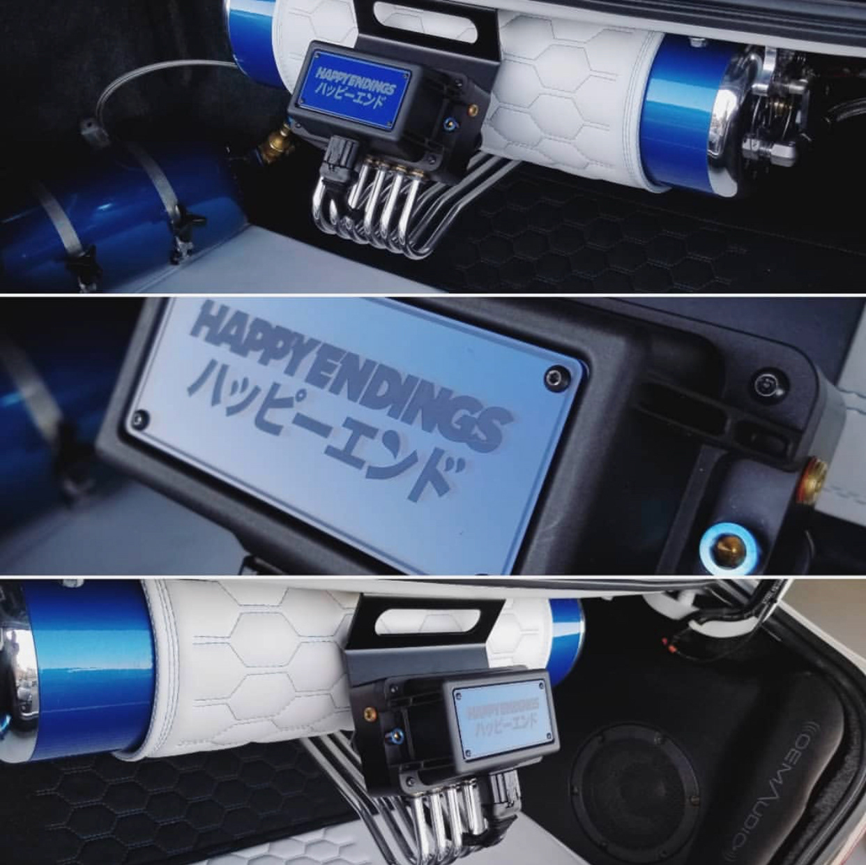 Custom Happy Endings plaque installed on the trunk-mounted air tank.