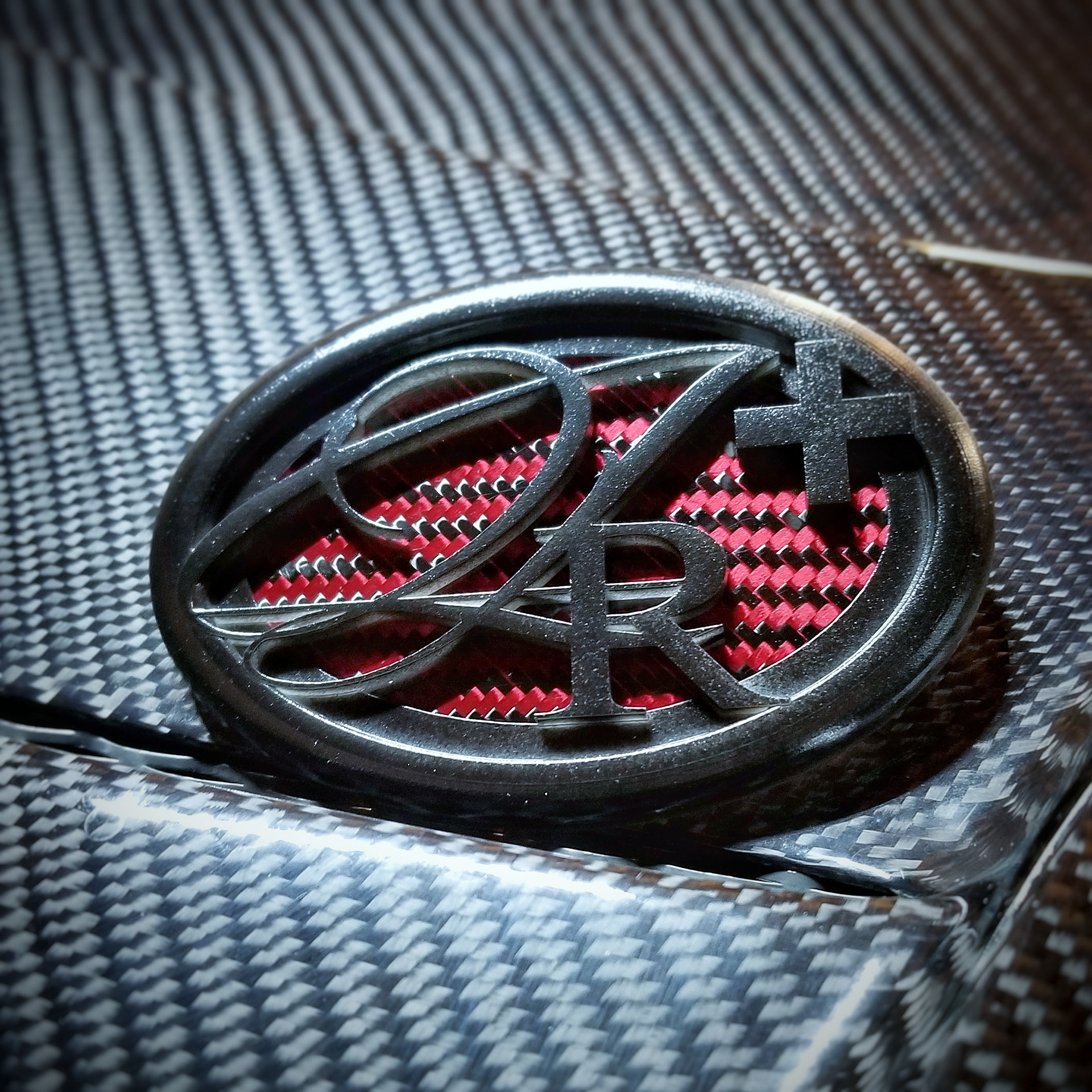 Custom-designed and manufactured Lost Royalty rear emblem with red carbon fiber backing.