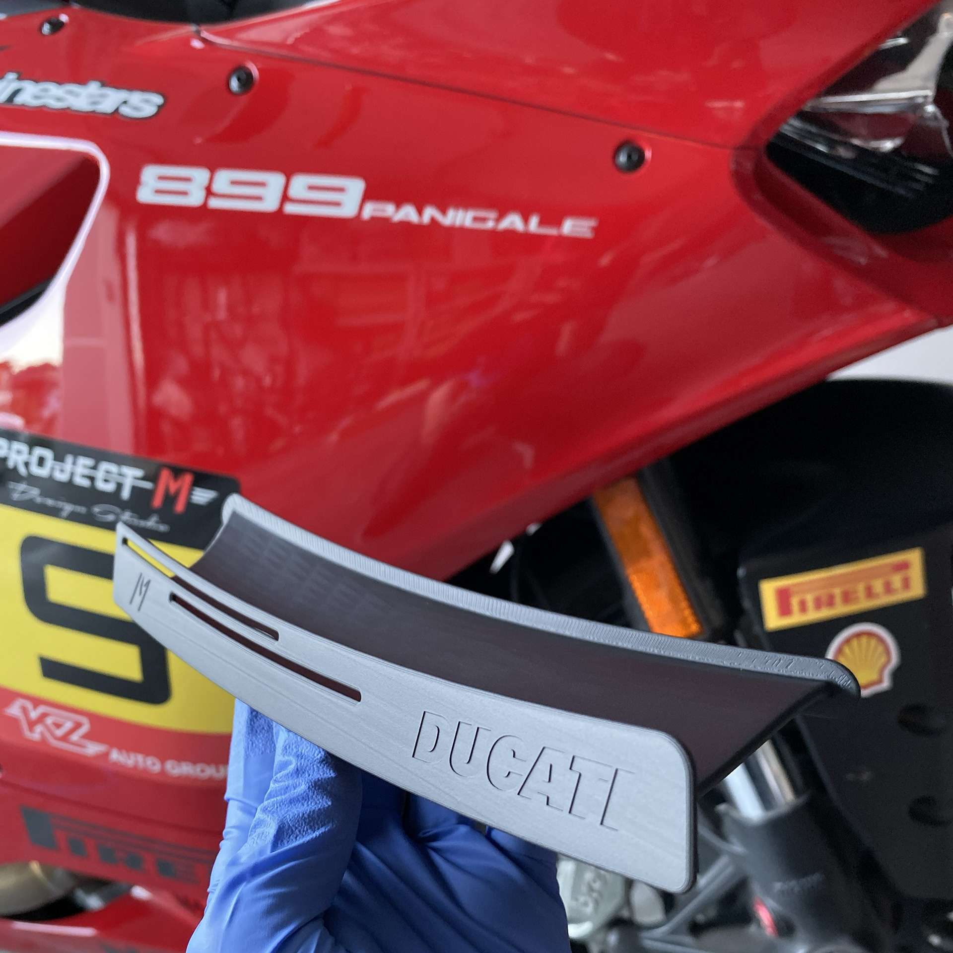 3D printed prototype fairing winglets for Ducati 899/1199 Panigale.