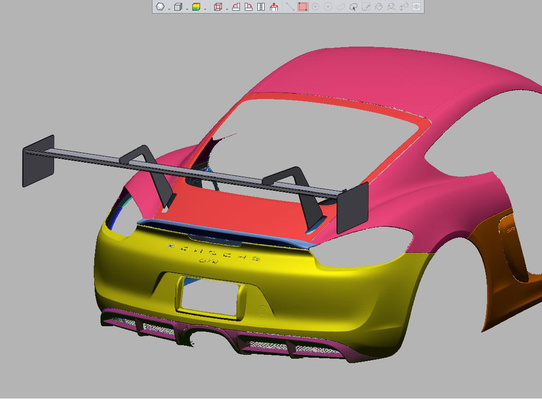 Porsche GT4 swan neck rear wing concept on the raw scanset in Geomagic Design X.