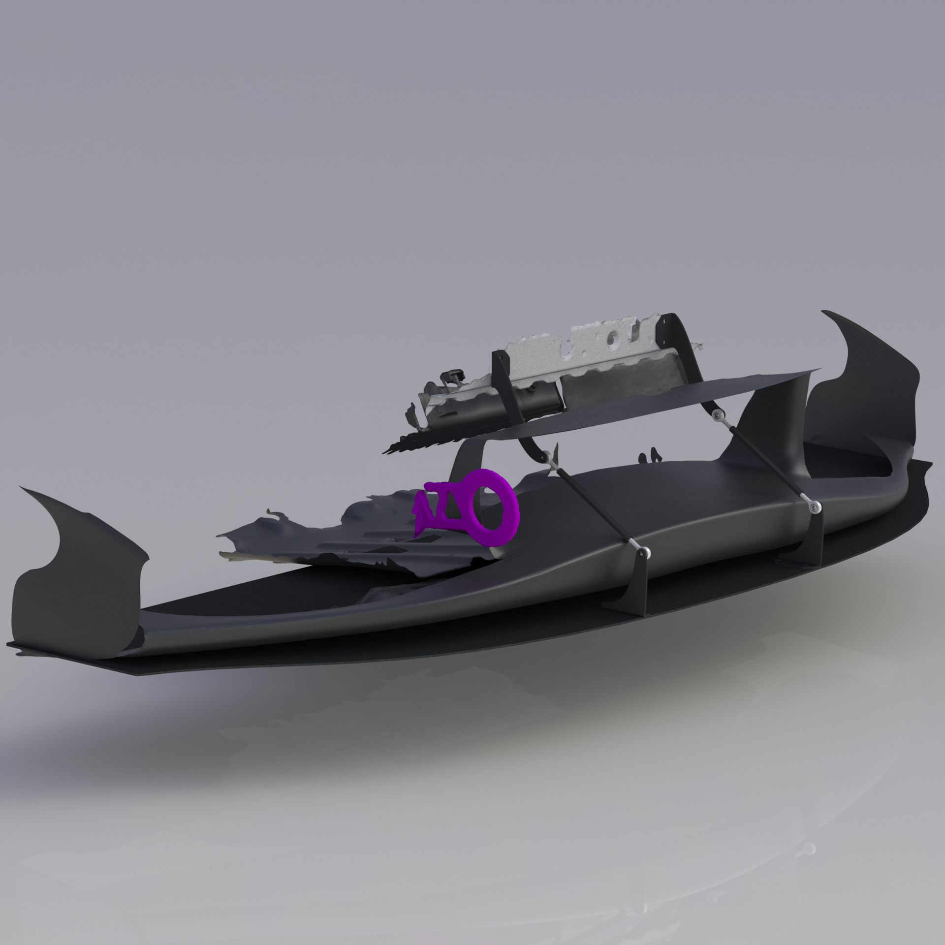 SolidWorks render of the 3D laser scanned & reverse engineered front end with the chassis mount front splitter design.