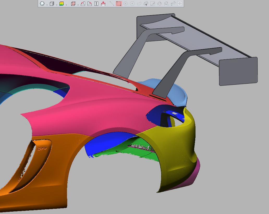 Porsche GT4 swan neck rear wing concept on the raw scanset in Geomagic Design X.